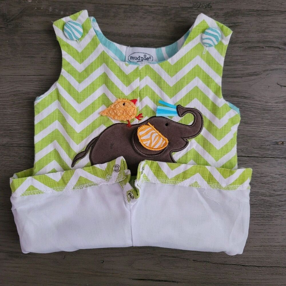 Mud Pie Baby Boy Elephant Bird Chevron Romper One Piece 0-6 Months Green White - Picture 3 of 6
